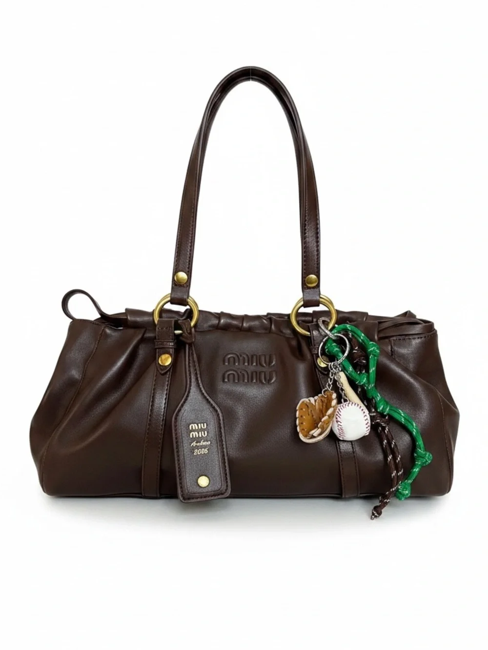 Miu Miu Dark Brown Leather Shoulder Bag with Green Charm - Picture 4 of 10